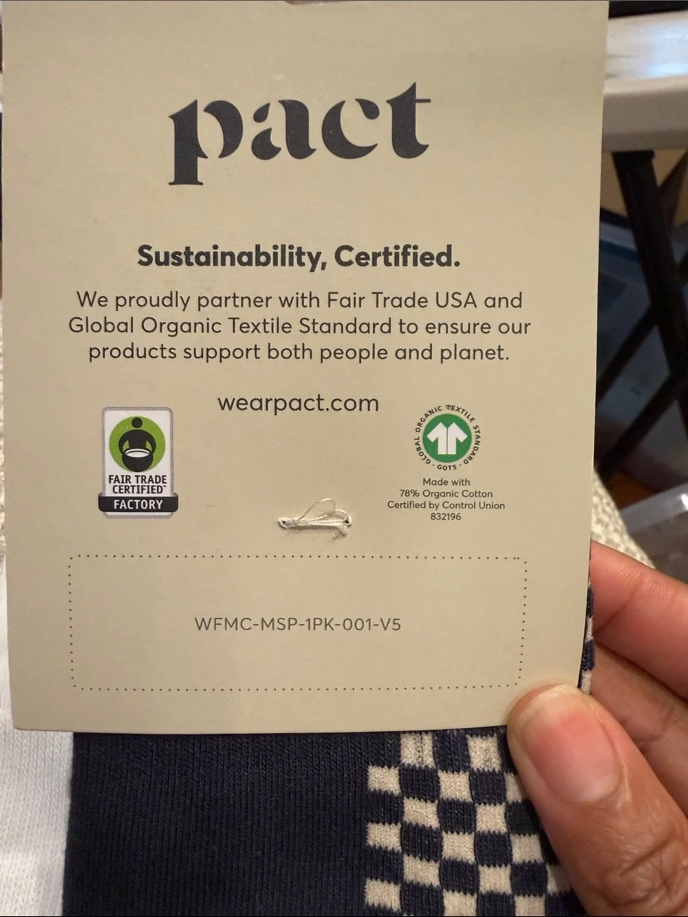 Pact Men's Organic Cotton Blend Crew Socks — White & Navy Checker-Size 9-13
